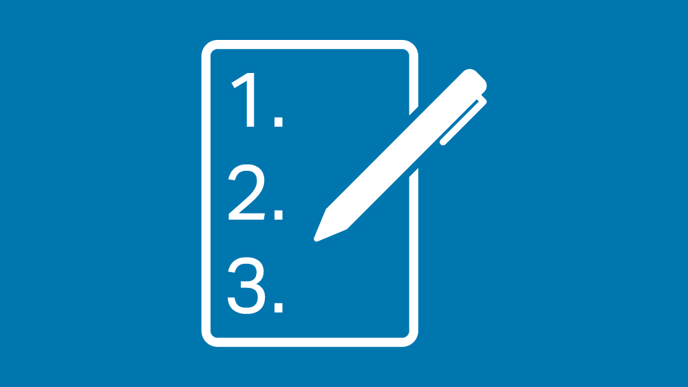 白色的钢笔图标放在一张纸上，在蓝色背景上以列表形式写着数字1、2和3