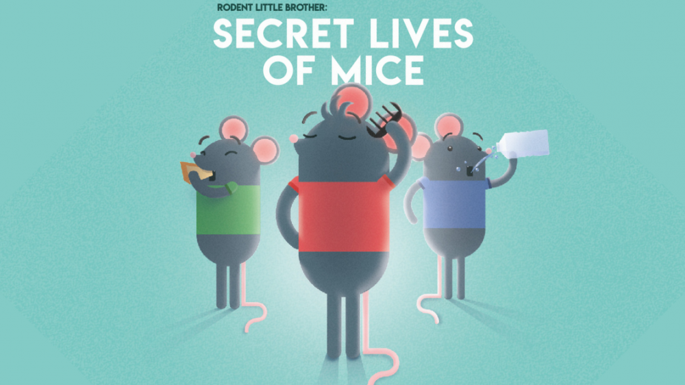 三只小鼠的动画片。左侧的鼠标戴着绿色的上衣，进食，中间的鼠标戴着红色的上衣，并自身修饰，右边的鼠标戴着蓝色上衣和饮用水。
