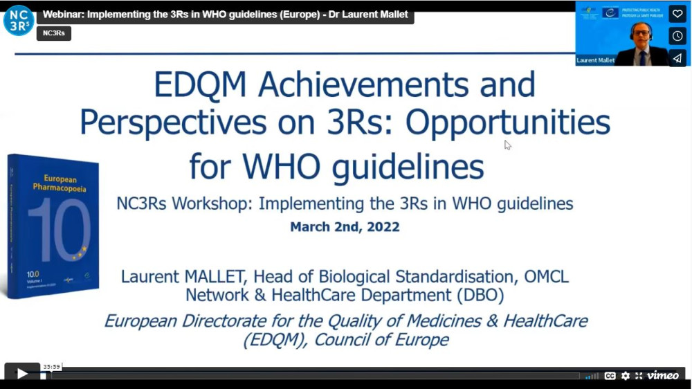 网络会议标题幻灯片:EDQM在3Rs方面的成就和观点:世卫组织指南的机会