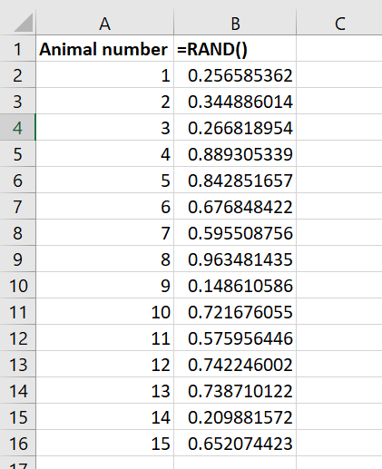 使用=RAND()在Excel中生成的随机数截图。