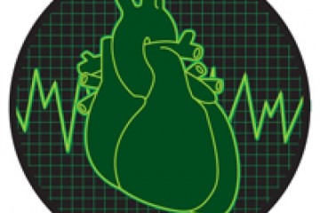 一个绿色的心脏图形，后面有一个脉冲信号。